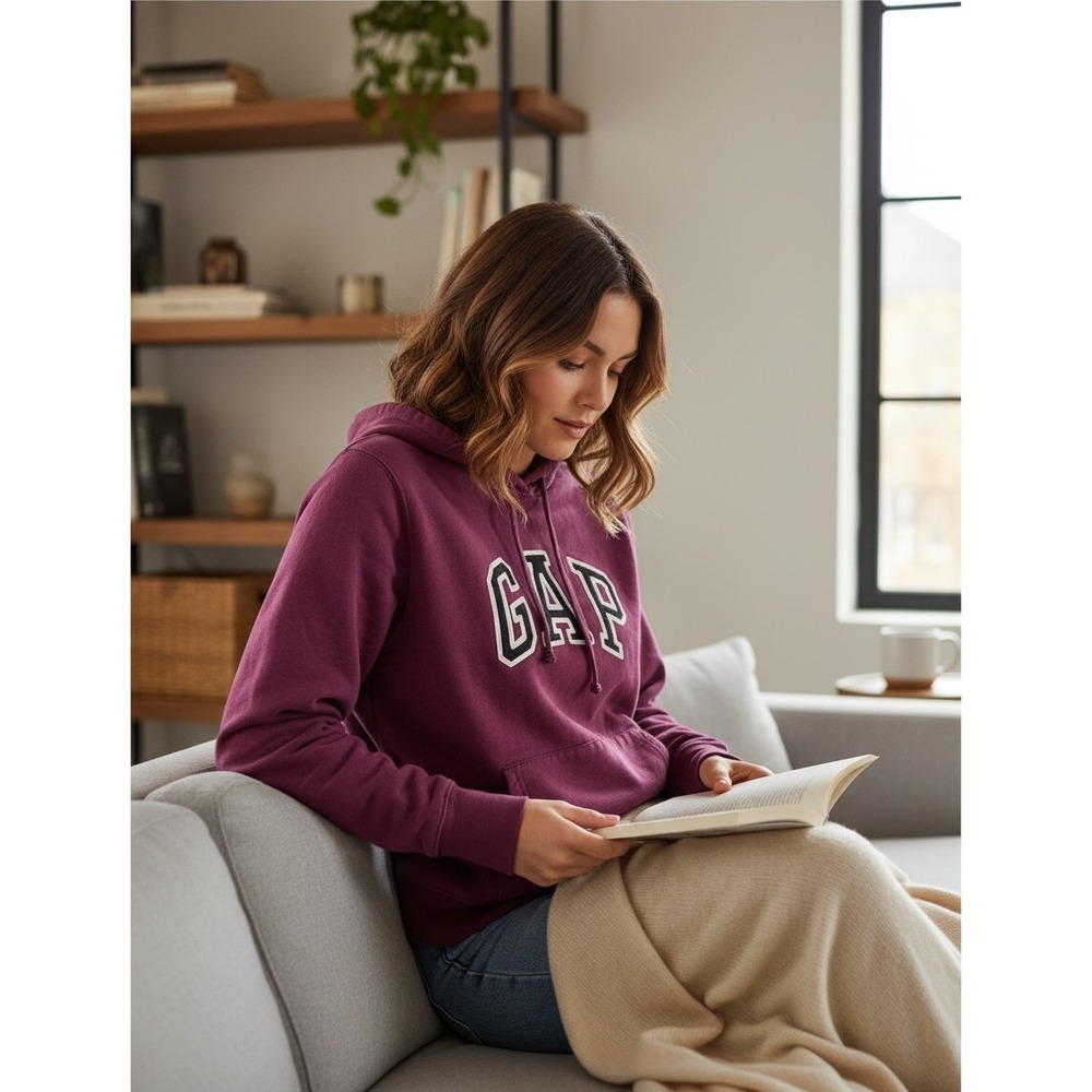 Gap Arch Logo Fleece Hoodie Plum Purple Pullover Sweatshirt XL RN 54023
